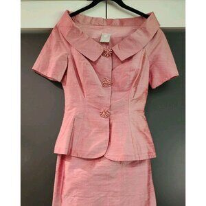 Watters & Watters Beaded Dupioni Silk Maxi Skirt & Blouse Set Lined XS Pink Read